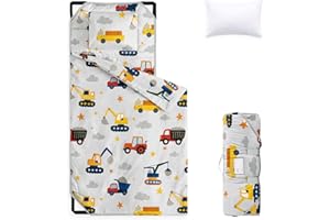 Wake In Cloud - Cot Nap Mat with Pillow and Blanket, for Toddler Kids Boys in Daycare Kindergarten Preschool Pre K with Elastic Corner Straps, Cartoon Construction Car, Light Gray