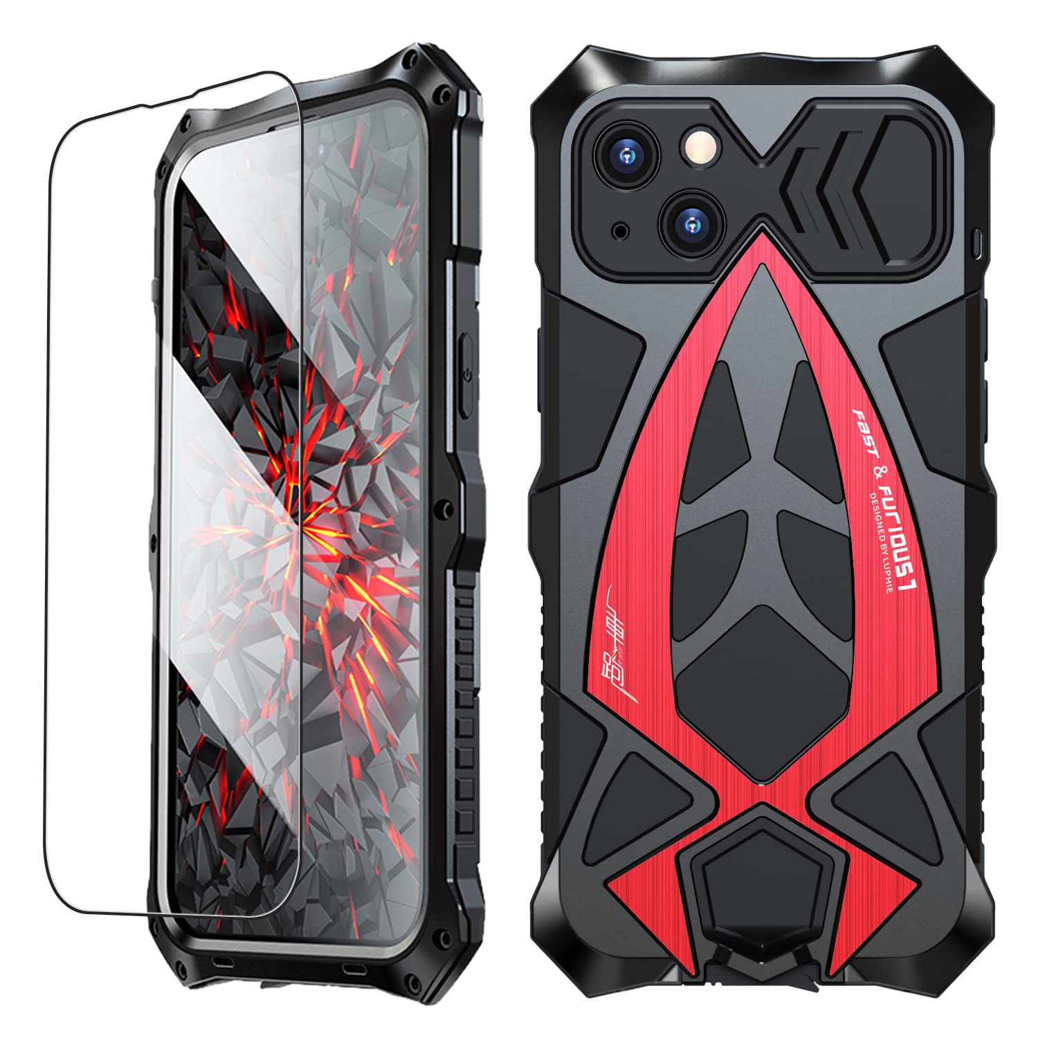 Photo 1 of KumWum Armor Phone Case for iPhone 14 Military Grade Cover 360 Full Protection Heavy Duty Hybrid Metal Bumper Built-in Silicone Shockproof Dustproof with Screen Protector - Black + Red