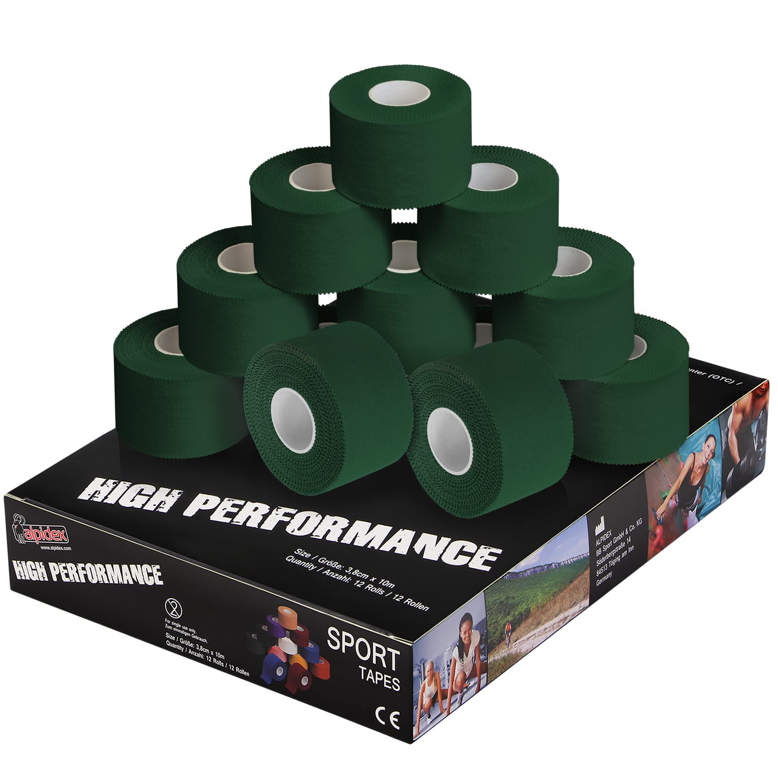 ALPIDEX 12 x Sports Tape 10 m x 3.8 cm Many Colours Zinc Oxide Finger Tape Tearable Skinfriendly Handball Football Volleyball Rugby, Colour:green — image 1