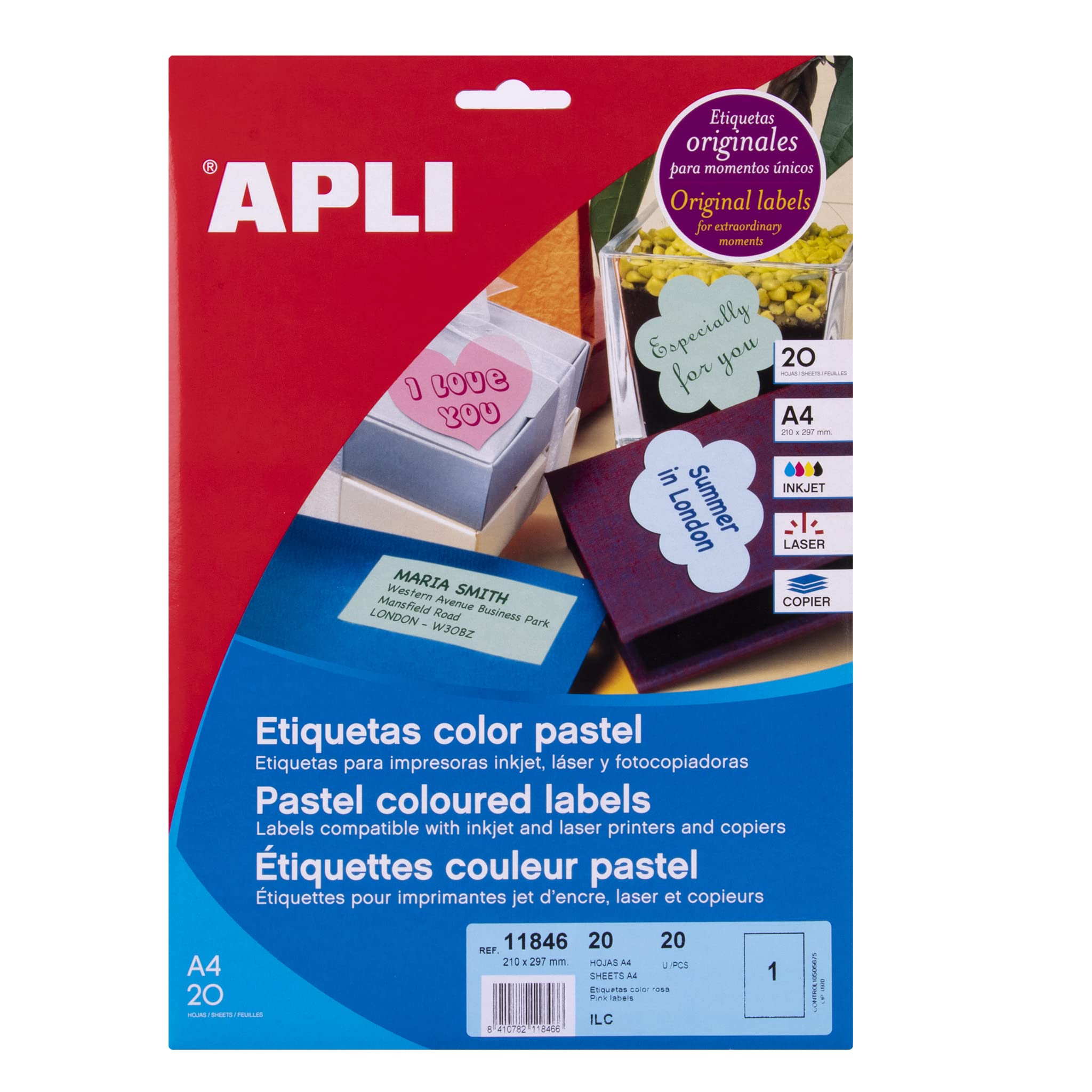 APLI 011846 Multi-Purpose Labels 210 x 297 mm Pastel Pink Pack of 20