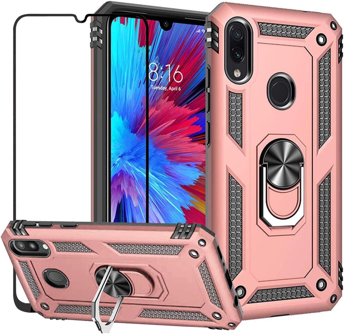 EBESTAR Xiaomi Redmi Note 7 / Redmi Note 7 Pro Case, Hybrid Armor Heavy Duty Shockproof Defender Protective Cover Stand Ring Magnetic Ring Holder Case with Tempered Glass Screen Protector, Rose Gold