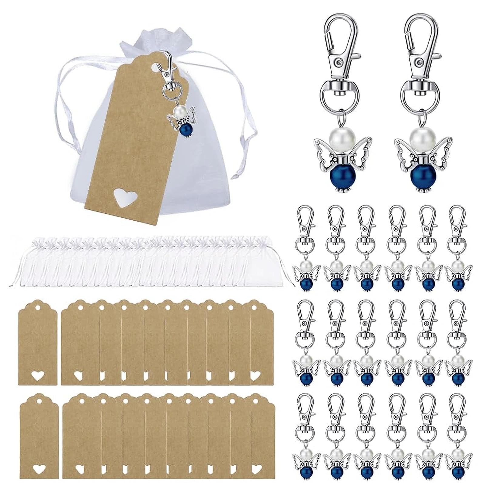 NewZC 20 Sets Guardian Angel Keychain with Organza Bags Kraft Thank You Tags Lucky Angel Charm - Guest Souvenirs Gifts Pearl Angel Wing Keychain for Christening Baby Shower Wedding Birthday Christmas