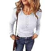 KINLONSAIR Women’s Long Sleeve Henley T Shirts Casual Crewneck Button Down Shirts Solid Slim Fit Knit Tunic Tops
