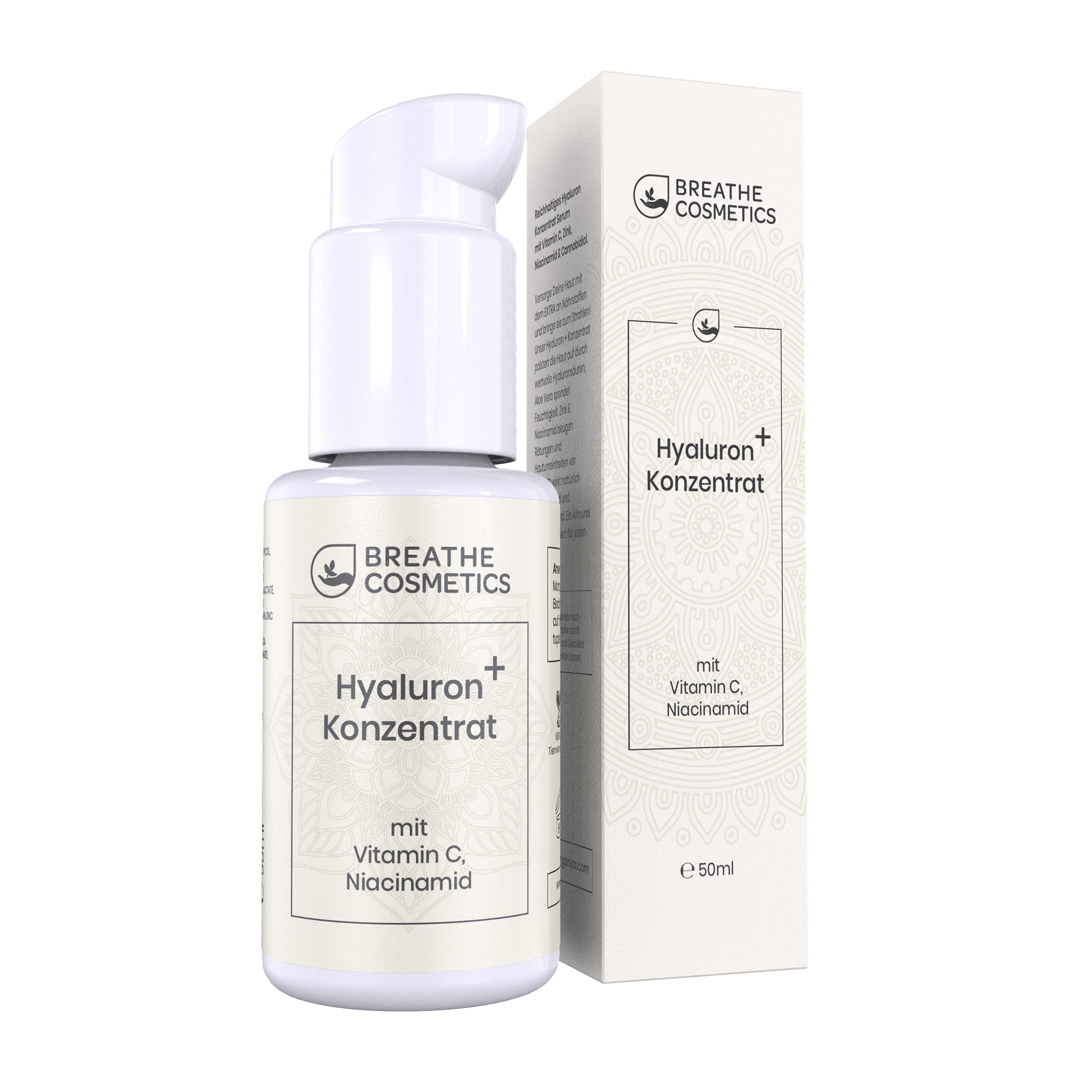 Breathe Cosmetics® Hyaluronic Acid Serum High Dose Vegan with Vitamin C and Niacinamide Intensive Anti-Ageing Cream Natural Face Care with Valuable Aloe Vera, Urea and Zinc 50 ml