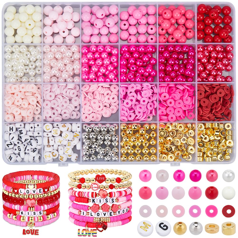 SOFPLATE 1 Box 2220Pcs Pink Bracelet Making Kit Friendship Bracelet Kit Letters Plastic Pearl Flat Round Polymer Clay Heishi Spacer Beads for Jewelry bracelets Making Accessories DIY Crafts Adult