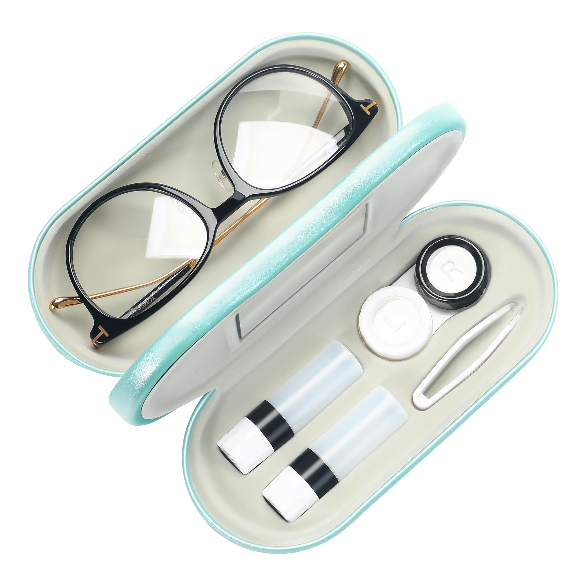 Photo 1 of **MISSING THE EYEGLASSES**Muf 2 in 1 Double Sided Portable Contact Lens Case and Eyeglasses Case,Dual Use Design with Built-in Mirror,Tweezer and Contact Lens Solution Bottle Included for Travel Kit,Teal