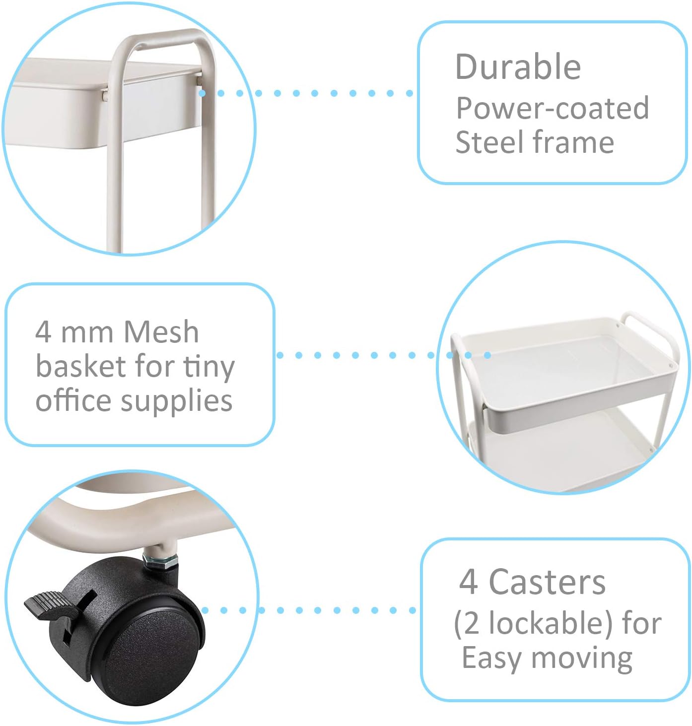 Buruis 3-Tier Rolling Utility Cart Metal Storage Shelves Multifunction Trolley with Utility Handles Easy Assembly for Kitchen, Office, Bedroom, Nursery Room, Pantry, Bathroom (White): Kitchen & Dining