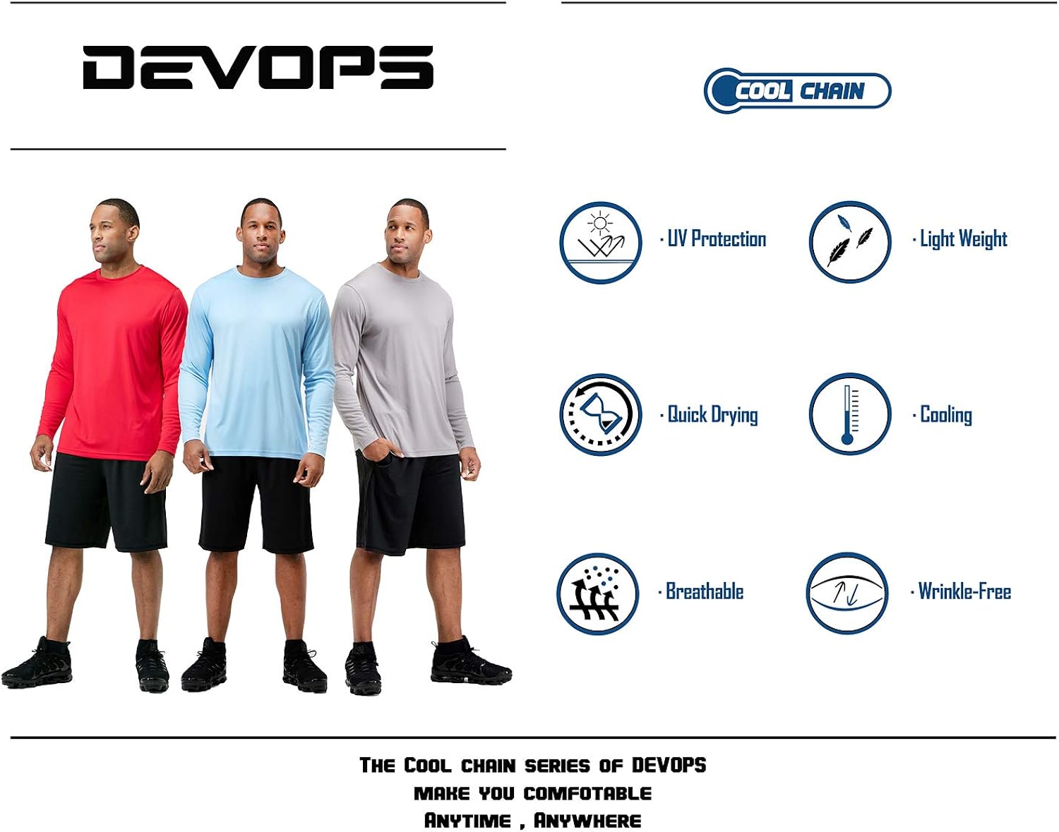 DEVOPS Men's 2 Pack UPF 50+ Sun Protection Long Sleeve Dri Fit Fishing Hiking Running Workout T-Shirts: Clothing