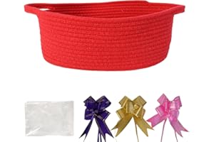 TORMAYS HOME Decorative Small Gift Basket with Ribbon and Bag, 12"x8"x5" Cotton Rope Woven Storage Bin, Newborn Gift Basket, Nursery Room Organizer – White (Red)
