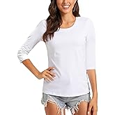 LINDLOOK Women's Casual Round Neck 3/4 Sleeve Basic T Shirt Solid Plain Cotton Tops