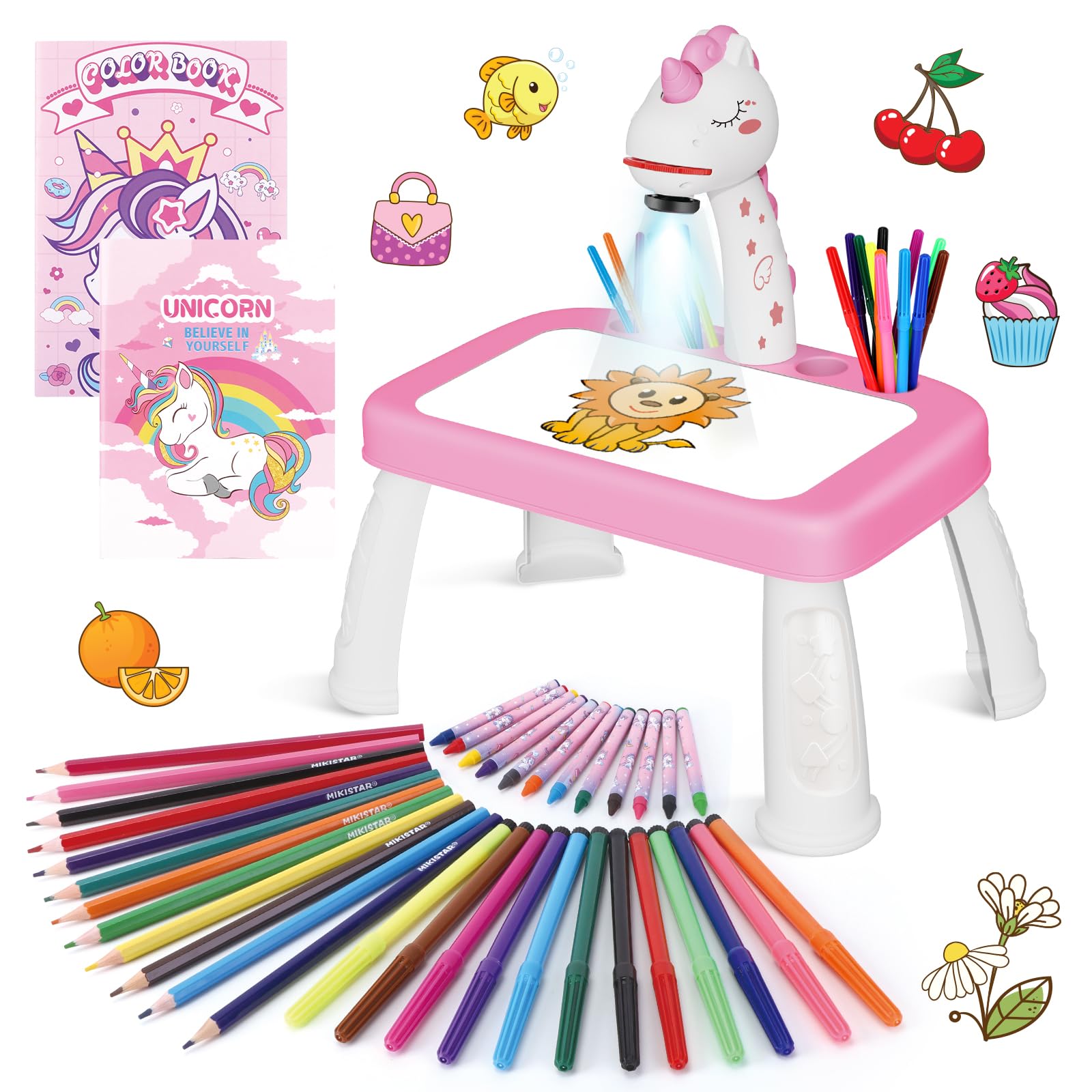 Konijiwa Girls Toys Drawing Projector Table for Kids with 72 Patterns Unicorn Gifts Toy for 3 4 5 6 7 8 Year Old Girls Boys Kids Drawing Supplies with Crayons,Scrapbook,Sticker Book,Stickers,Stamps