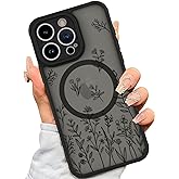 AIGOMARA Magnetic Case for iPhone 15 Pro [Compatible with MagSafe] Cute Black Flower Floral for Women Girls Soft TPU Bumper Hard PC Back Anti-Fall Shockproof Protective Slim Cover