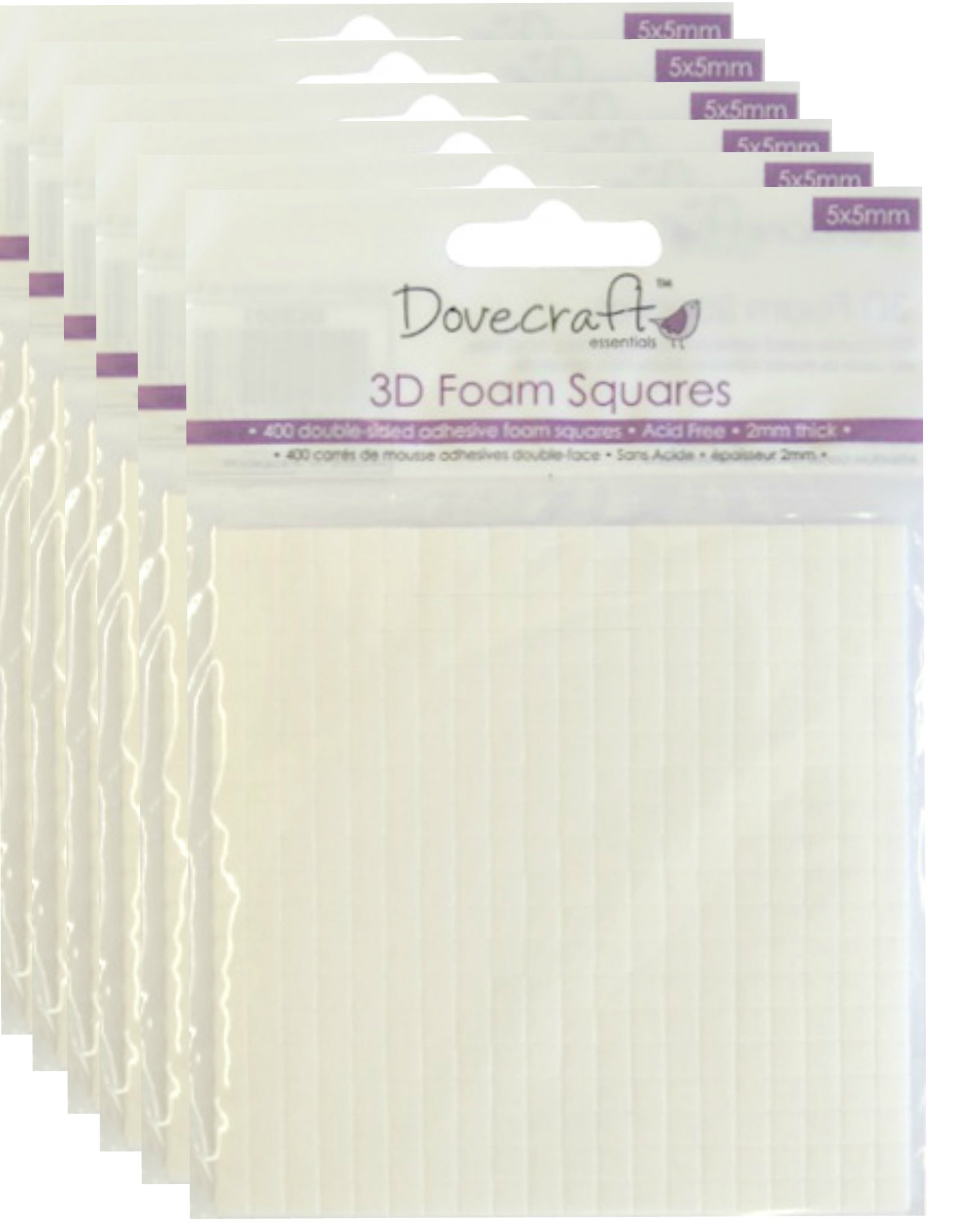 Dovecraft 3D Foam Squares, 6 X packs 5x5mm, double sided adhesive, sticky pads for cardmaking and decoupage
