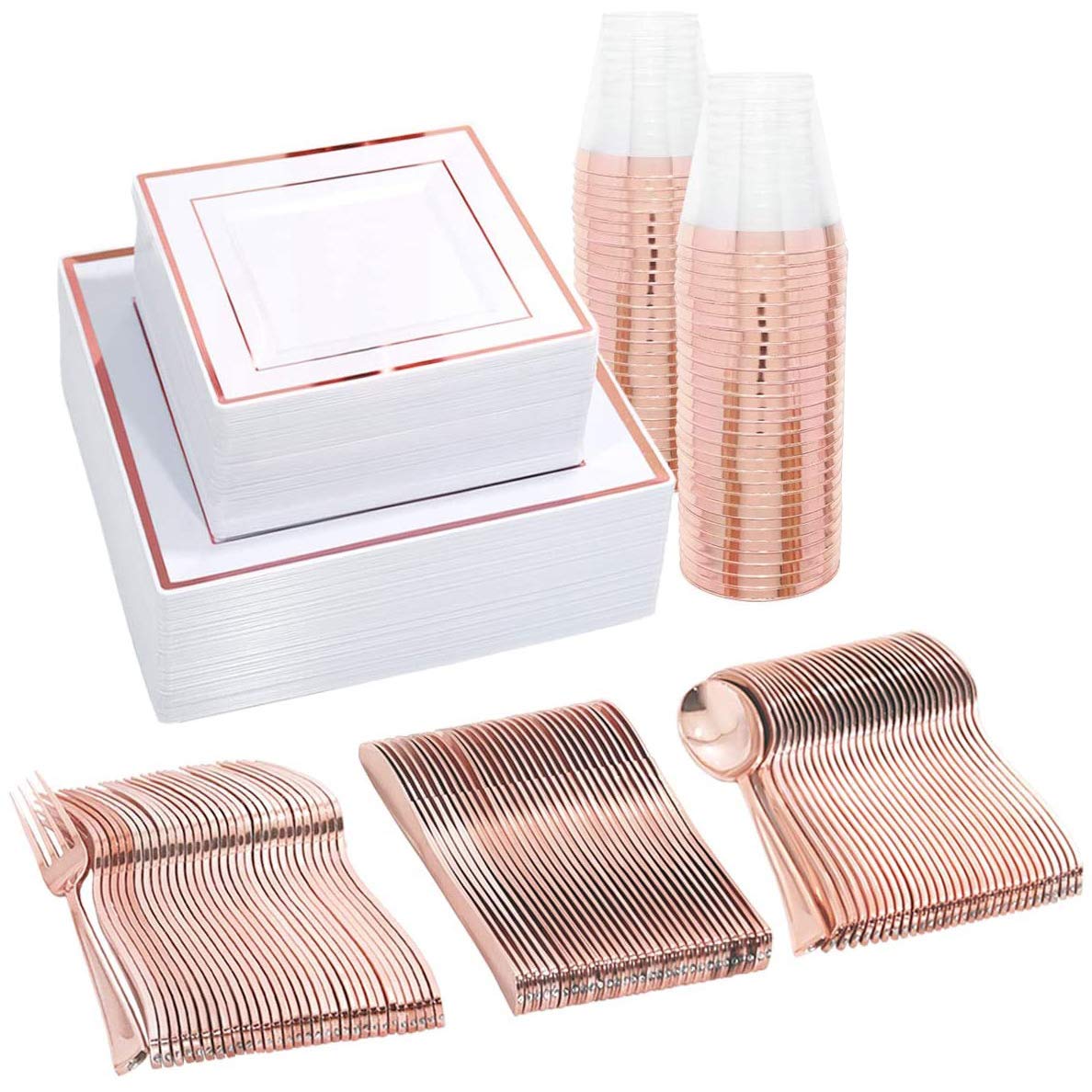 Square Rose Gold Dishes Plates Cups Cutlery for 25 on Special Occasions, 150 Pieces of Reusable Plastic Dinnerware for Dinners, Birthdays, Mothers Day, Parties, Weddings, Easter, Summer Celebrations