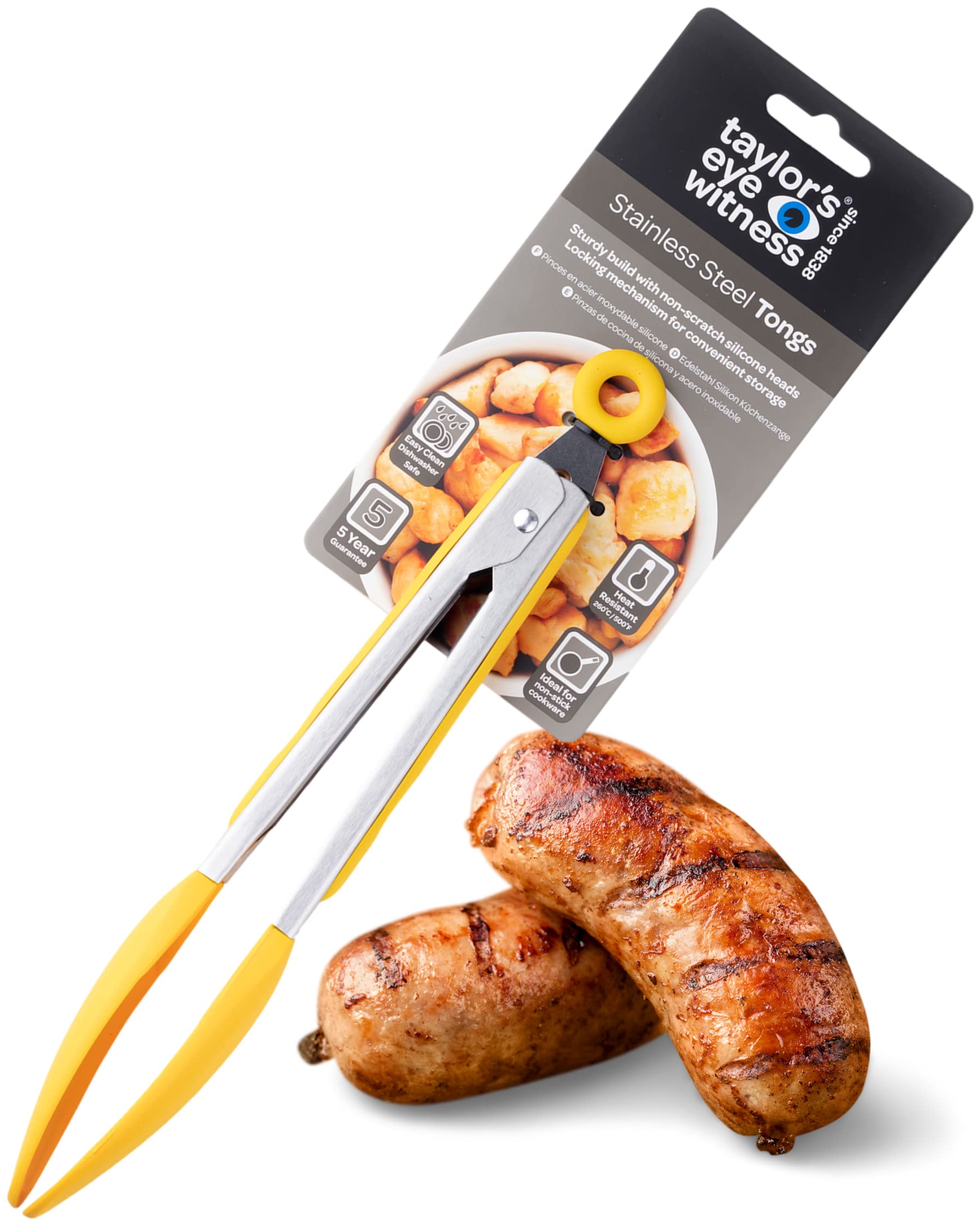 Taylors Eye Witness Large Steel Yellow Silicone Tongs - Dishwasher Safe. Sturdy Build, Non-Scratch Heads, Convenient Locking Mechanism. Odour, Stain & Heat Resistant (260°C/500°F). 5 Year Guarantee