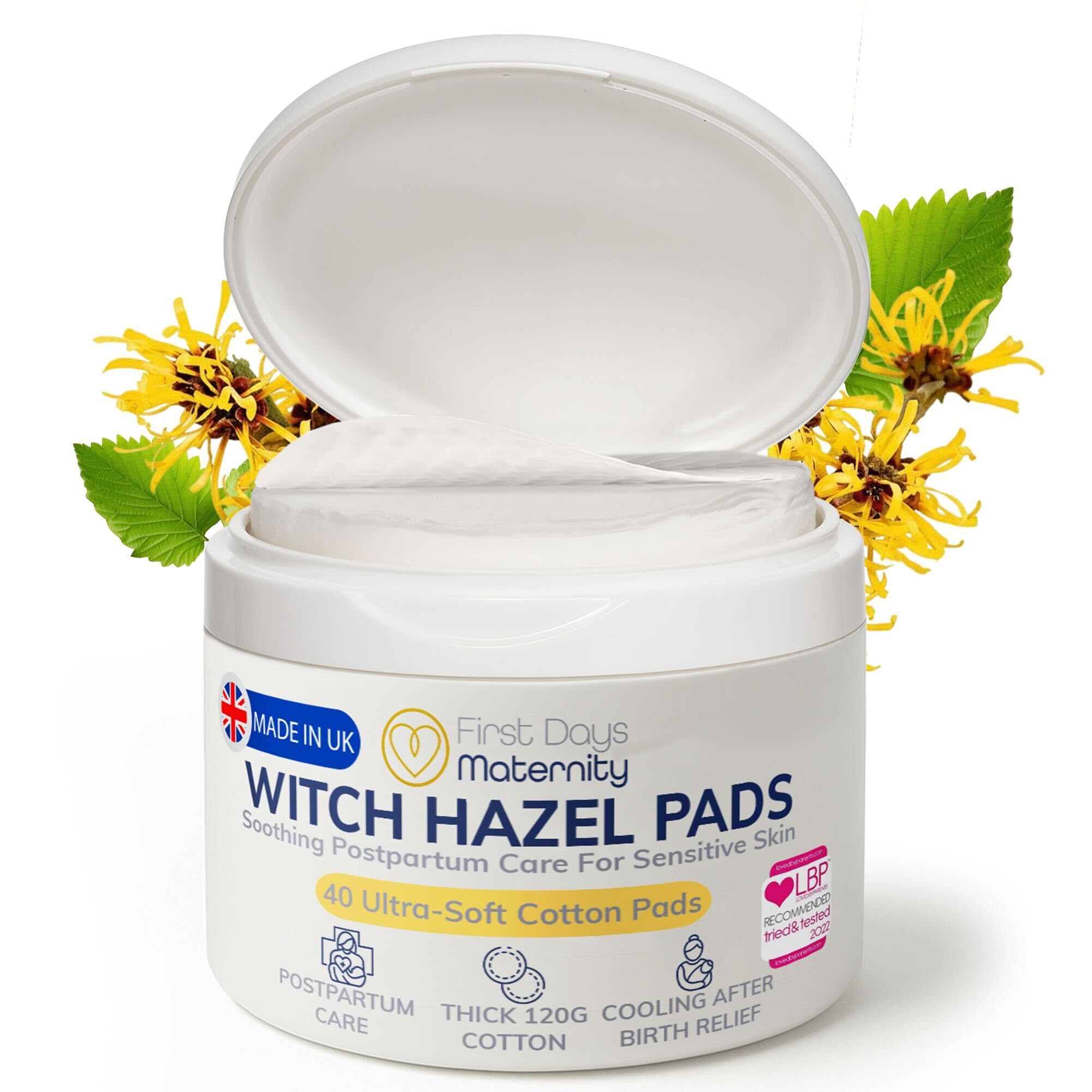 First Days Maternity Witch Hazel Pads - Postpartum & Hemorrhoids - Cooling & Soothing Cotton Wipes for Perineal Relief After Birth | Hospital Bag Essentials for New Mums (40 Pack) — image 1