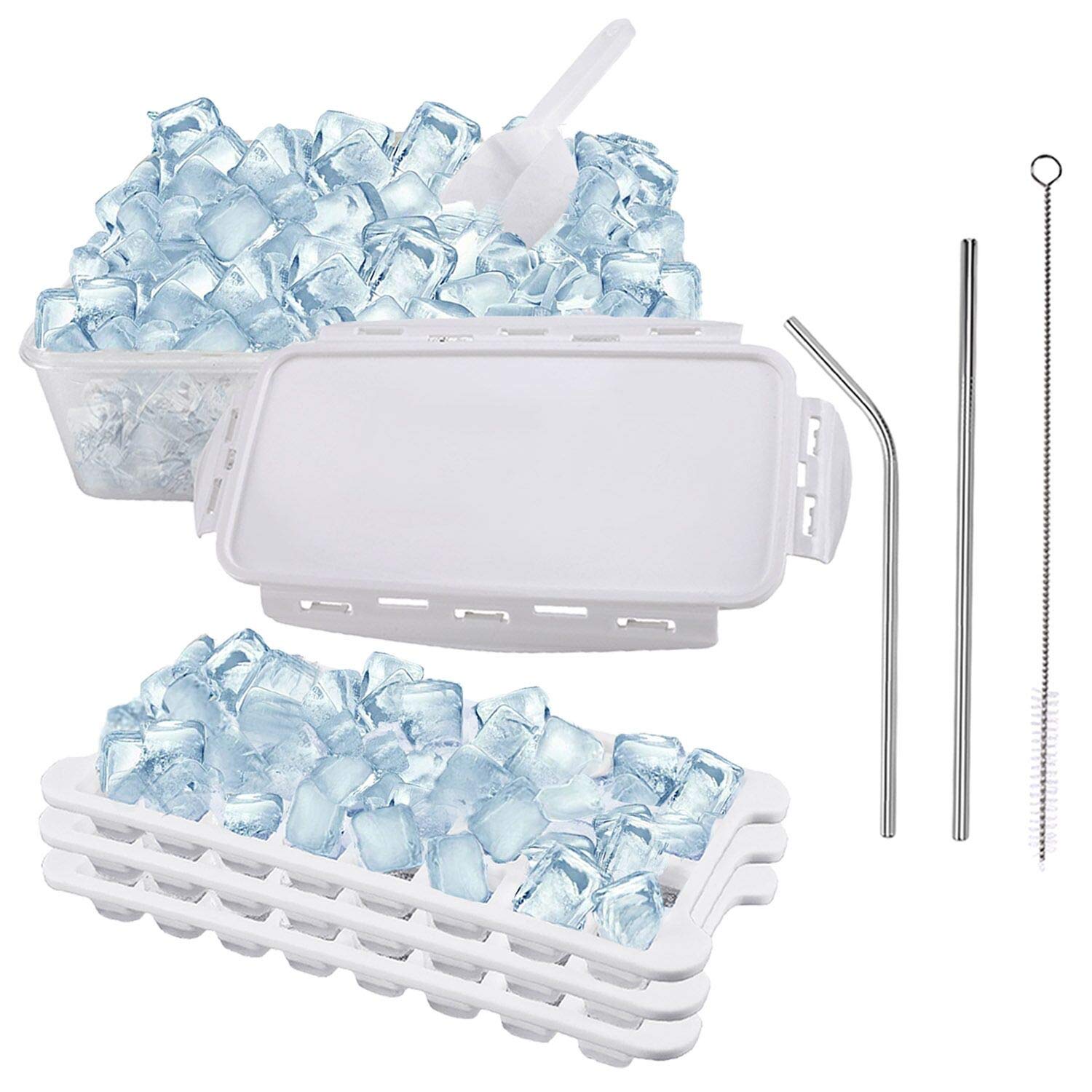 Ice Cube Tray, Ice Trays 3 Pack with Ice Cube Trays Storage Container Box, Ice Cube Mold in Silicone Soft Bottom Easy Release 96-Cubes with Ice Scoop-Stainless Straws BPA Free for Cocktail, Whiskey