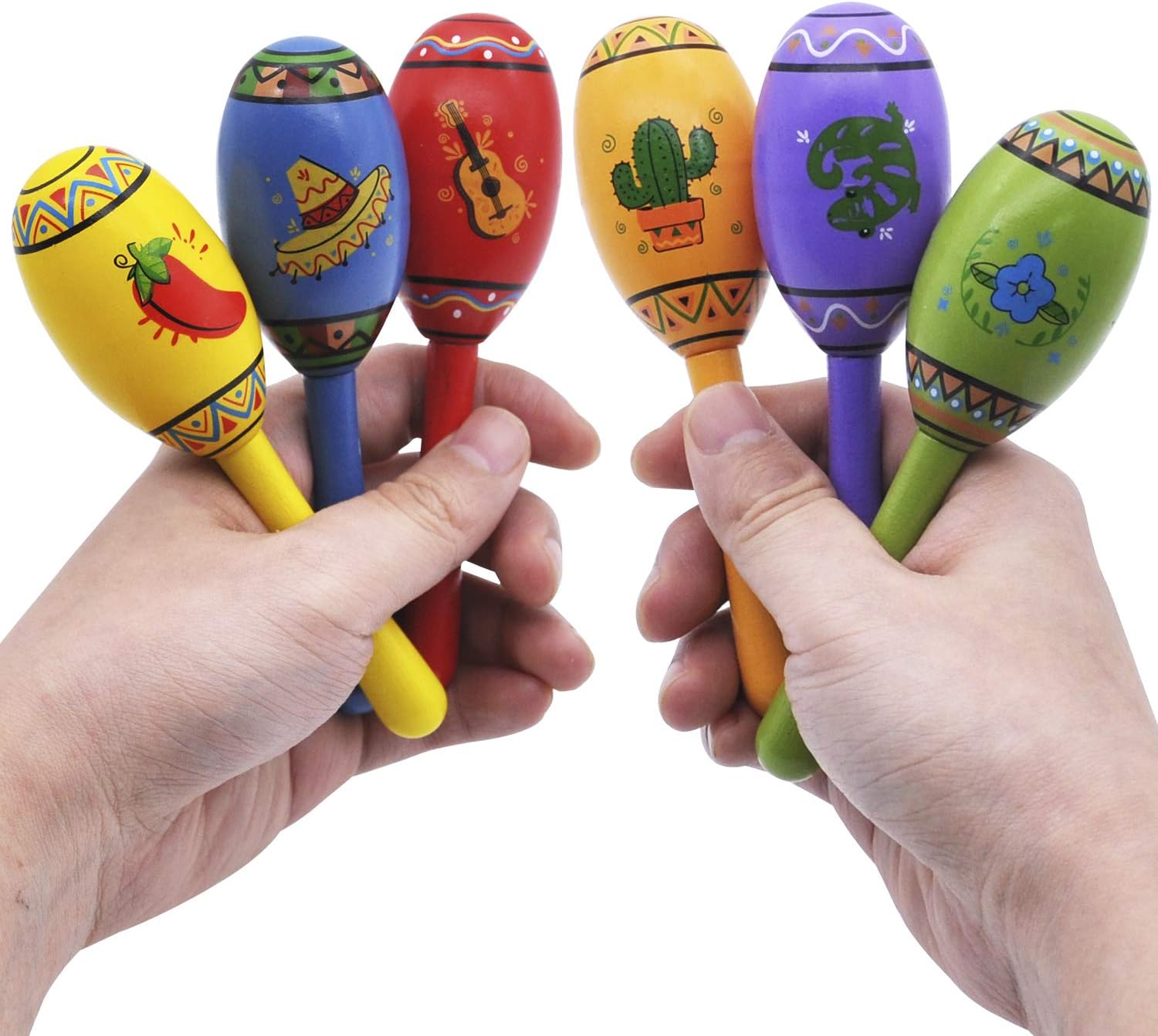 24 Mini Wooden Fiesta Maracas 6 Designs Noisemaker for Mexican Fiesta, Cinco De Mayo Party Favors, Musical Fun, Birthday Parties, Luau Party, Carnivals, Taco Tuesday Event: Toys & Games