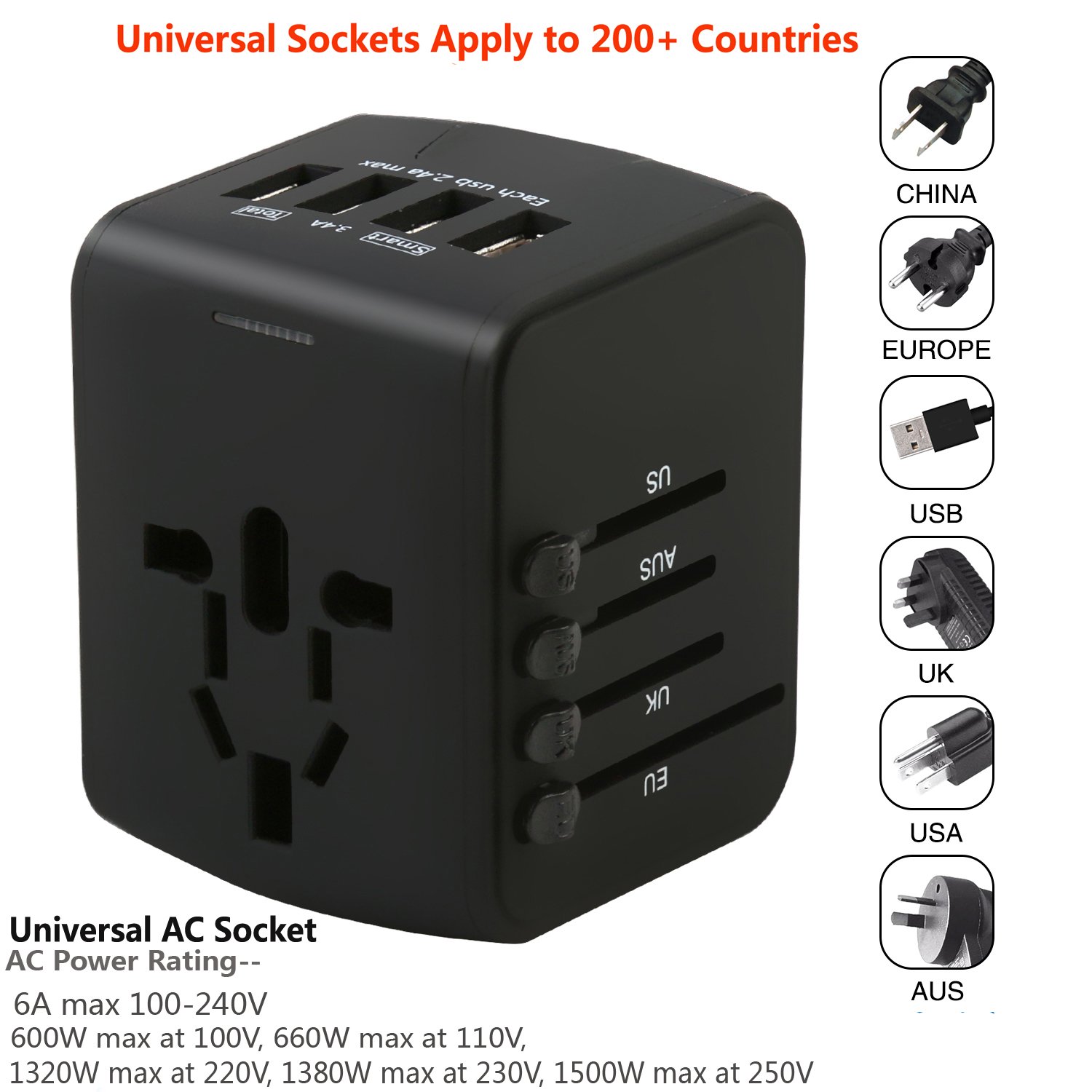 Universal Travel Adapter - 4 USB 3400mA MAX Wolrd Travel Adapter for iPhone iPad Laptop Android Phone Shaver Cameras etc - Plug Adapter Charger for US UK EU AU etc - Covers over 150 Countries (Black)