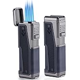 TOMOLO 2 Pack Torch Lighter Quadruple Jet Flame Windproof Refillable Butane Lighter with Hidden Punch, Butane Not Included (Black)