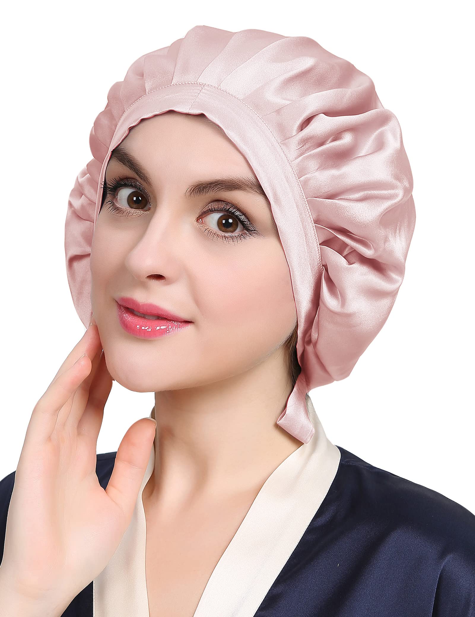 LilySilk 100% Pure Mulberry Silk Sleep Cap for Hair Care Women 19 Momme, Natural Silk Bonnet for Sleeping, Soft Hair Wrap Elastic Stay on Head-Rosy Pink