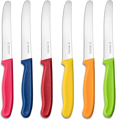 targzier Frühstücksmesser 6 Stück, Kunststoffgriff Brötchenmesser,Edelstahl Tomatenmesser Set,Tafelmesser Wellenschliff,Messerset zum Schneiden,Scharfe Messer für Brotzeit(Bunte),Spülmaschinenfest