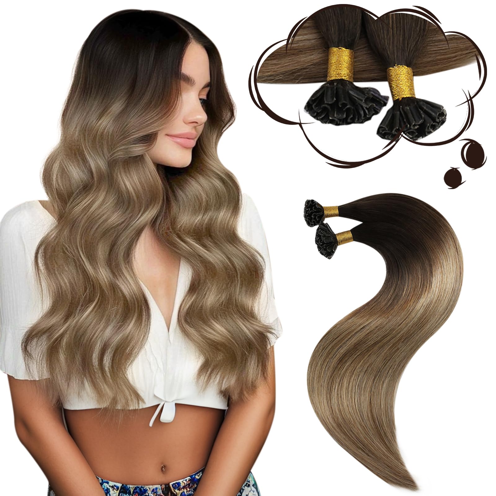 Moresoo Pre Bonded Hair Extensions U Tip Human Hair Extensions Dark Brown to Chestnut Brown with Golden Blonde Fusion Hair Extensions 14 Inch 40g/Pack #4/10/16 — image 1