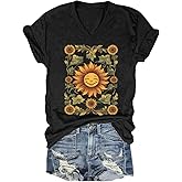 Sunflower Shirts for Women Graphic Tees Boho Floral Wildflowers Vintage Flowers Tees V Neck Cute Summer Tops