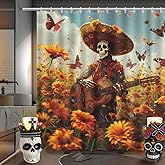 MEHOFOND Day of The Dead Shower Curtain Mexican Theme Sugar Skull Marigold Bathroom Curtains The Skeleton Playing Guitar Yellow Floral Bathtub Decorative Waterproof Fabric with 12 Hooks 72x72 Inch