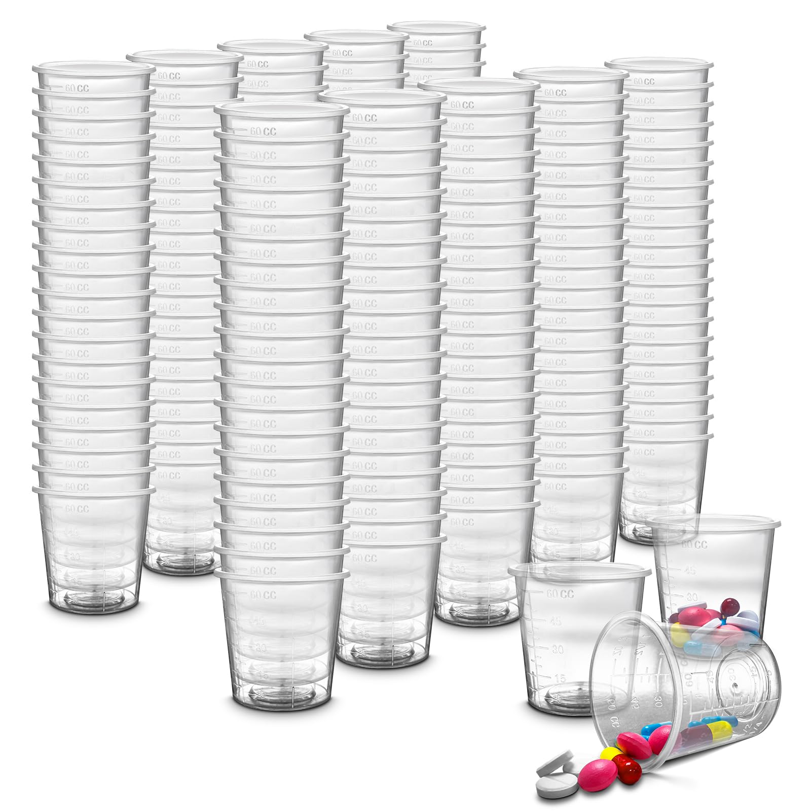 200 Pack - RE-GEN 60ml Graduated Clear Reusable Measuring Cups Pots Container Beaker Tubs - Ideal for Medicine, Kitchen Cooking, Catering, Medical Lab, Home