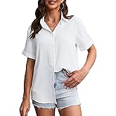 YAMANMAN Womens Button Down Shirt Short Sleeve Classic Collared Blouse Work Office Casual Chiffon Tops