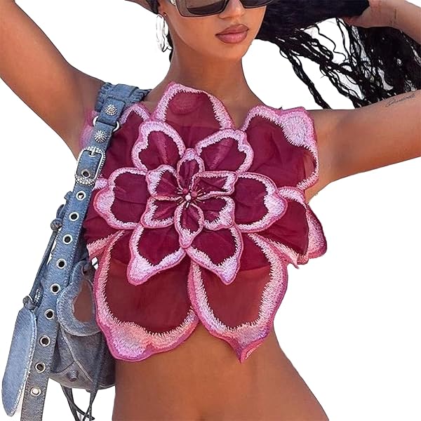 Women's 3D Flower Cami Top y2k Sleeveless Backless Spaghetti