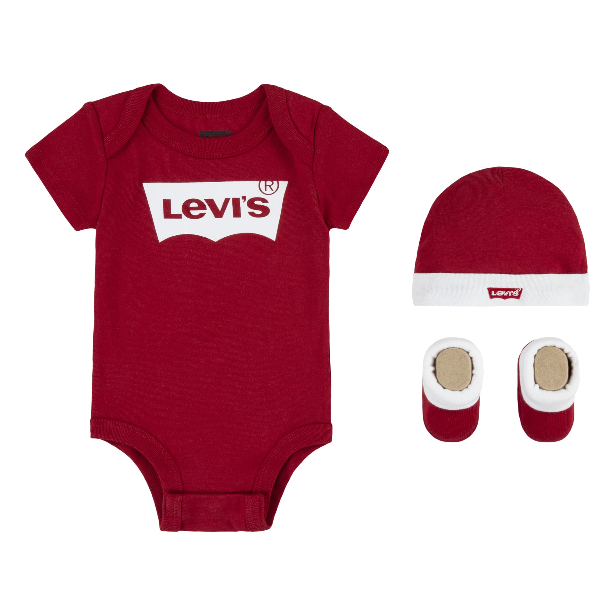 Levi's Kids Classic Batwing Infant Hat Bodysuit Bootie Set 3 Piece Baby Boys, Levi'S Red, 6-12 Months