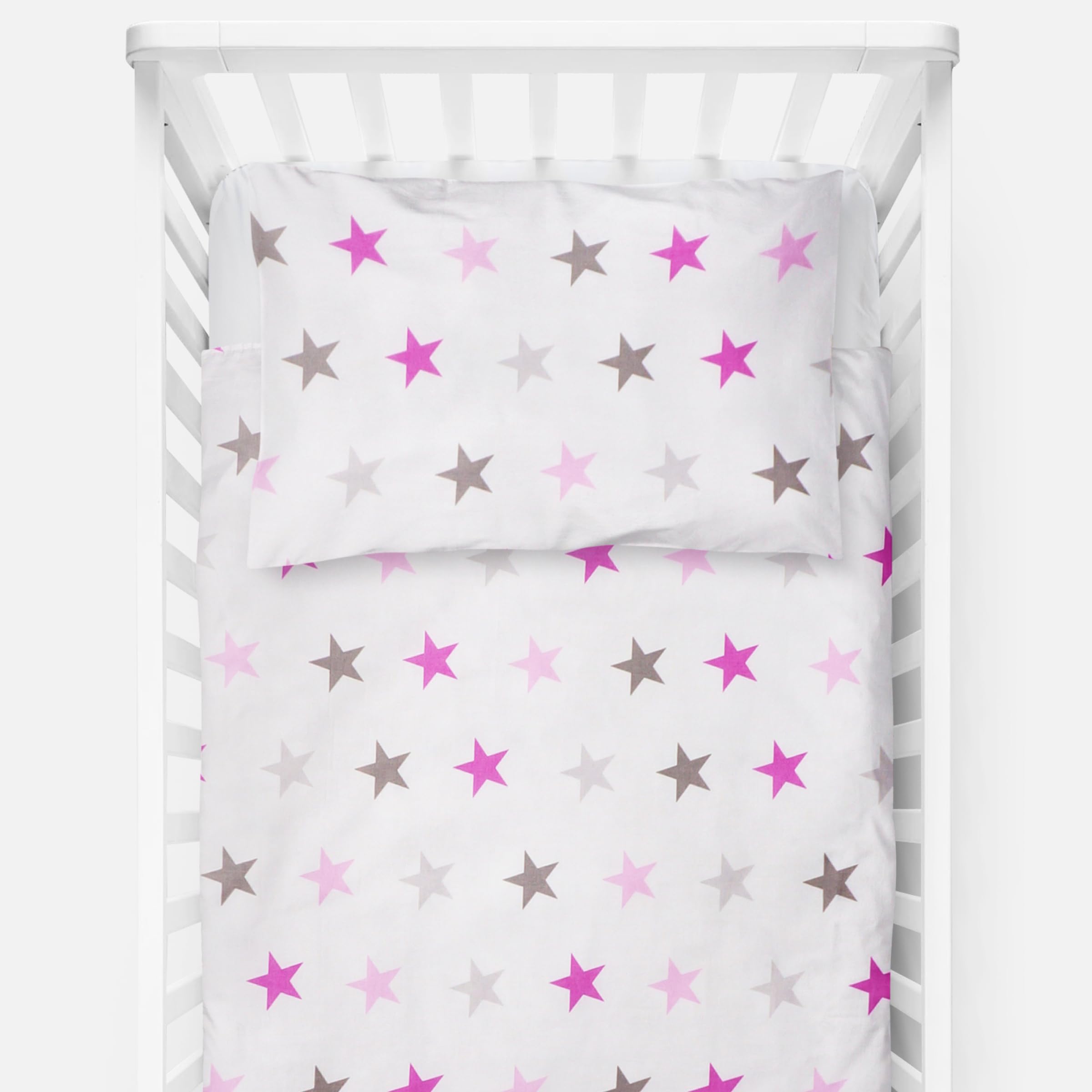 Baby Comfort 4 Piece Toddler Kids Cot Bed Set 135x100 cm Duvet Pillow Duvet Cover Pillowcase 12M+ (Pink Stars)