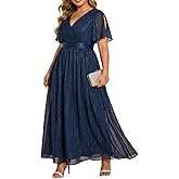 Talisea Plus Size Formal Dress - Chiffon V Neck Bridesmaid Wedding Guest Party Short Sleeve A-Line Floor Length Dresses