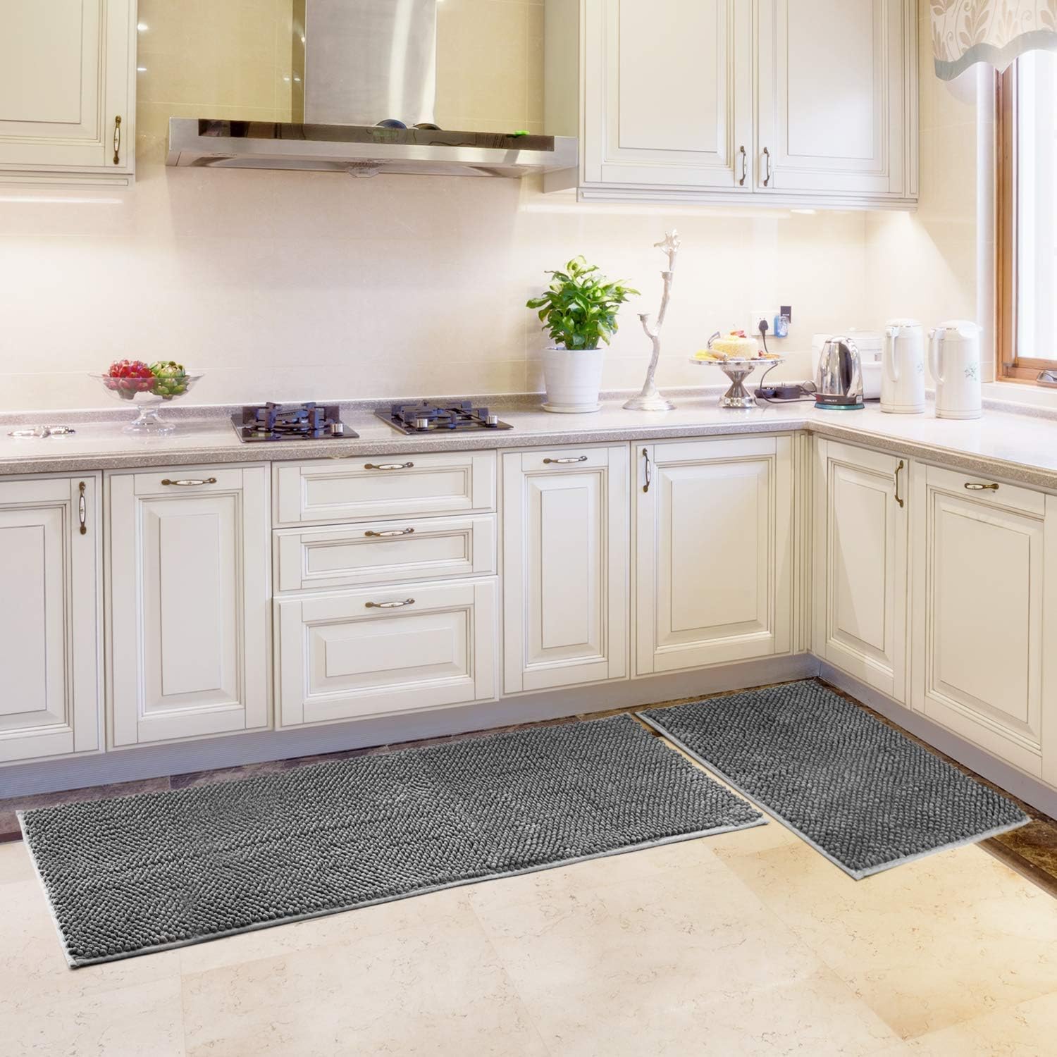 Delxo Kitchen Rug Sets, 2 Piece Non-Slip Soft Super Absorbent Kitchen Mat Doormat Carpet Set, Chenille Microfiber Material, 17"x48" +17"x24" (Grey): Kitchen & Dining