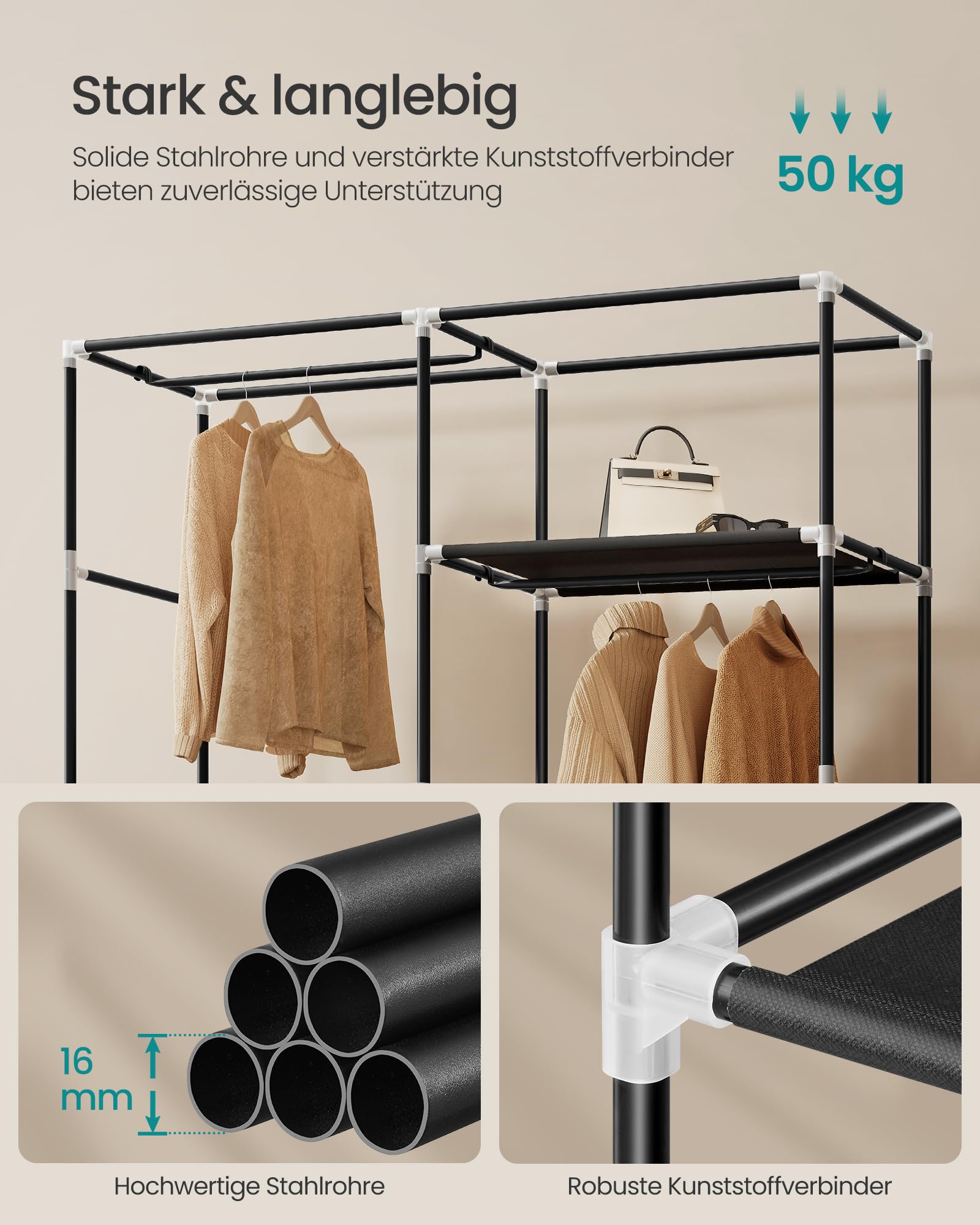 SONGMICS Kleiderschrank, Stoffschrank für Schlafzimmer, Schrank mit Kleiderstange, Ablagen, Seitentaschen, groß, 3 Hängefächer, 45 x 127 x 180 cm, schwarz RYG010BZ02 4