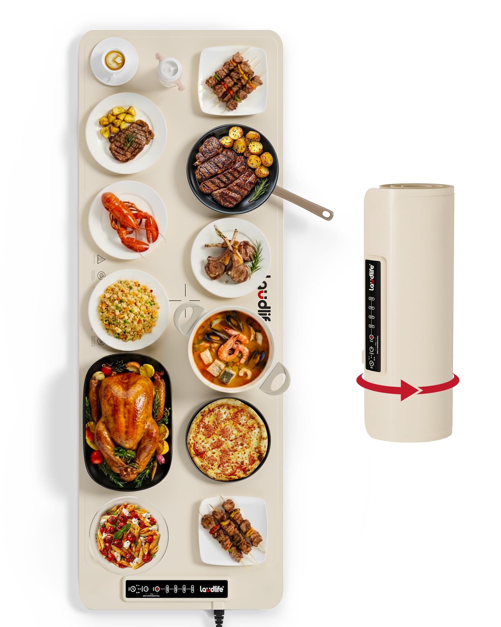 Extra Large Food Warming Mat for Countertop (XXXL 40”x16”) - Full-Surface Heating Pad with 4 Temps Settings, Ideal for Buffet Party Food Warmer, Roll-Up Electric Warming Tray for All Gathering, Beige Image