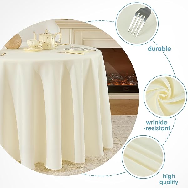 VIDAFETE TABLECLOTH 10 PACK 120INCH ROUND TABLE CLOTH POLYESTER, STAIN WRINKLE RESISTANT POLYESTER DINING TABLE COVER FOR KITCHEN DINNING PARTY WEDDING ROUND TABLETOP BUFFET DECORATION(IVORY)