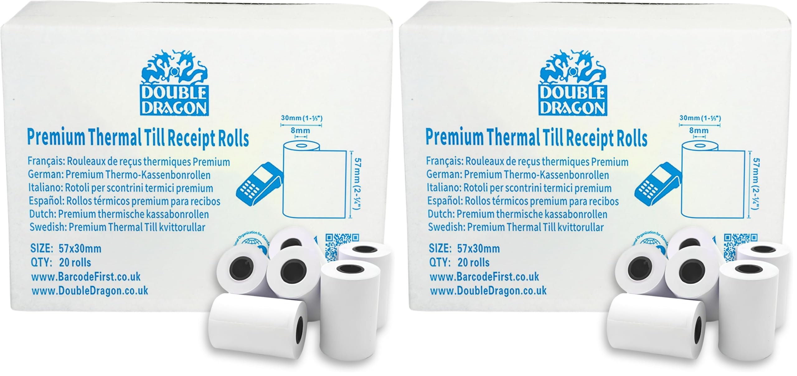 57 x 30mm Thermal Paper Till Rolls for Credit Card All PDQ Machines (20 Rolls), Compatible with SumUp, Ingenico, PayZone, Verifone, Clover Printers, Zettle Terminals, and More (Pack of 2)