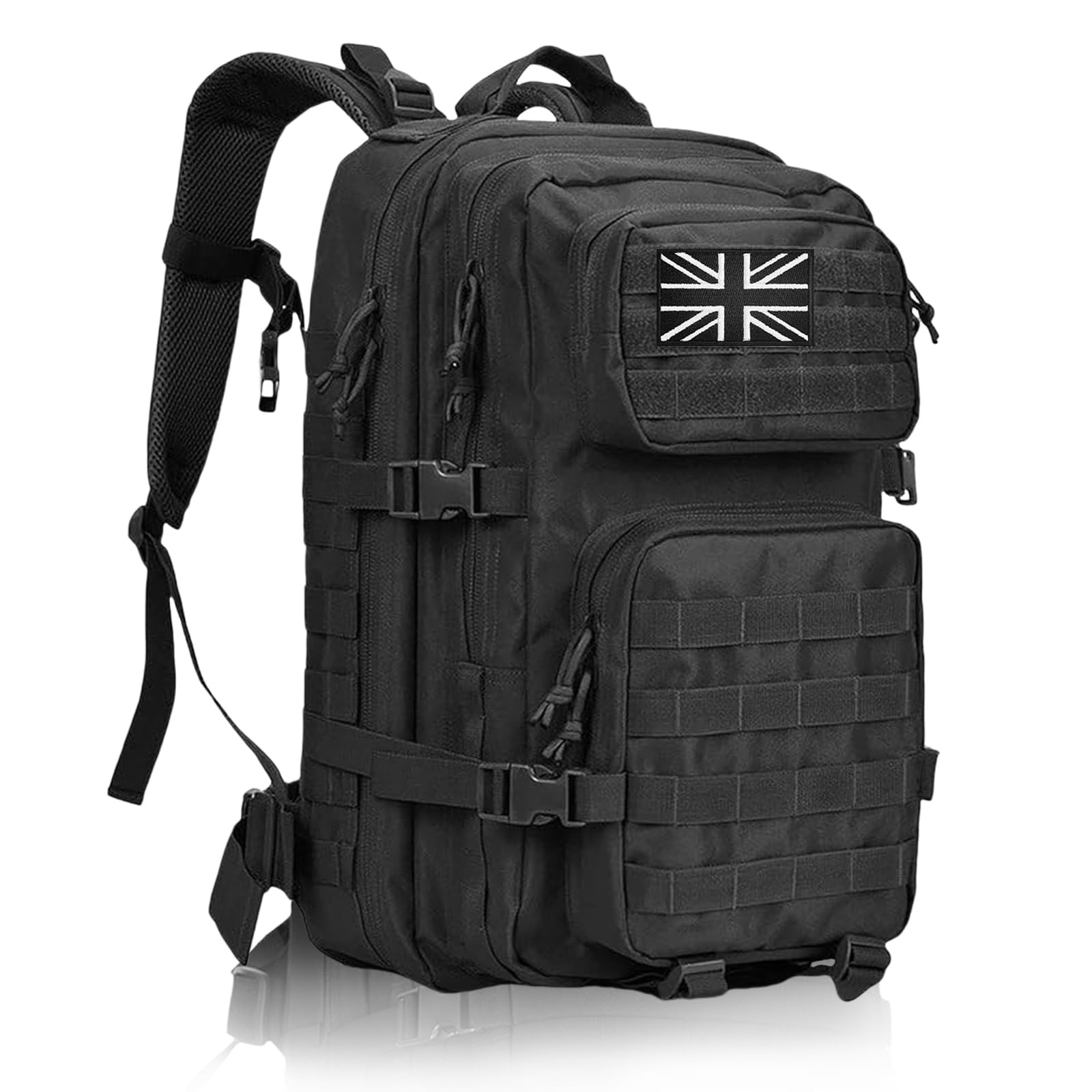 Geebymol 45L Military Tactical Backpacks Large Molle Army Assault Pack 3 Day Bug Out Bag Laptop Bag for Hiking Treeking Black Hunting Rucksack with 4 Flag Patches (Black)