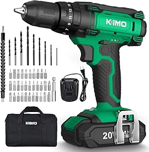 Cordless Drill Driver Kit - 20V Impact Drill Set w/ 2.0Ah Li-Ion Battery & Charger, 350 In-lb Torque, 0-1350RMP Variable Speed, 3/8'' Keyless Chuck, 21+1+1 Clutch, Drilling Wall Brick Wood Metal