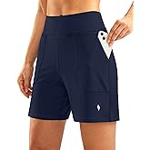 SANTINY Women's 6'' Athletic Long Shorts with 4 Pockets High Waisted Bermuda Shorts for Women Walking Running Casual