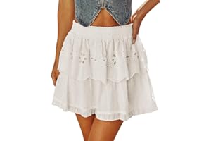 Aoudery Flowy Shorts for Women Boho Ruffle Tiered Skorts Crochet High Waist Mini Skirts Western Cowgirl Casual Concert Skorts