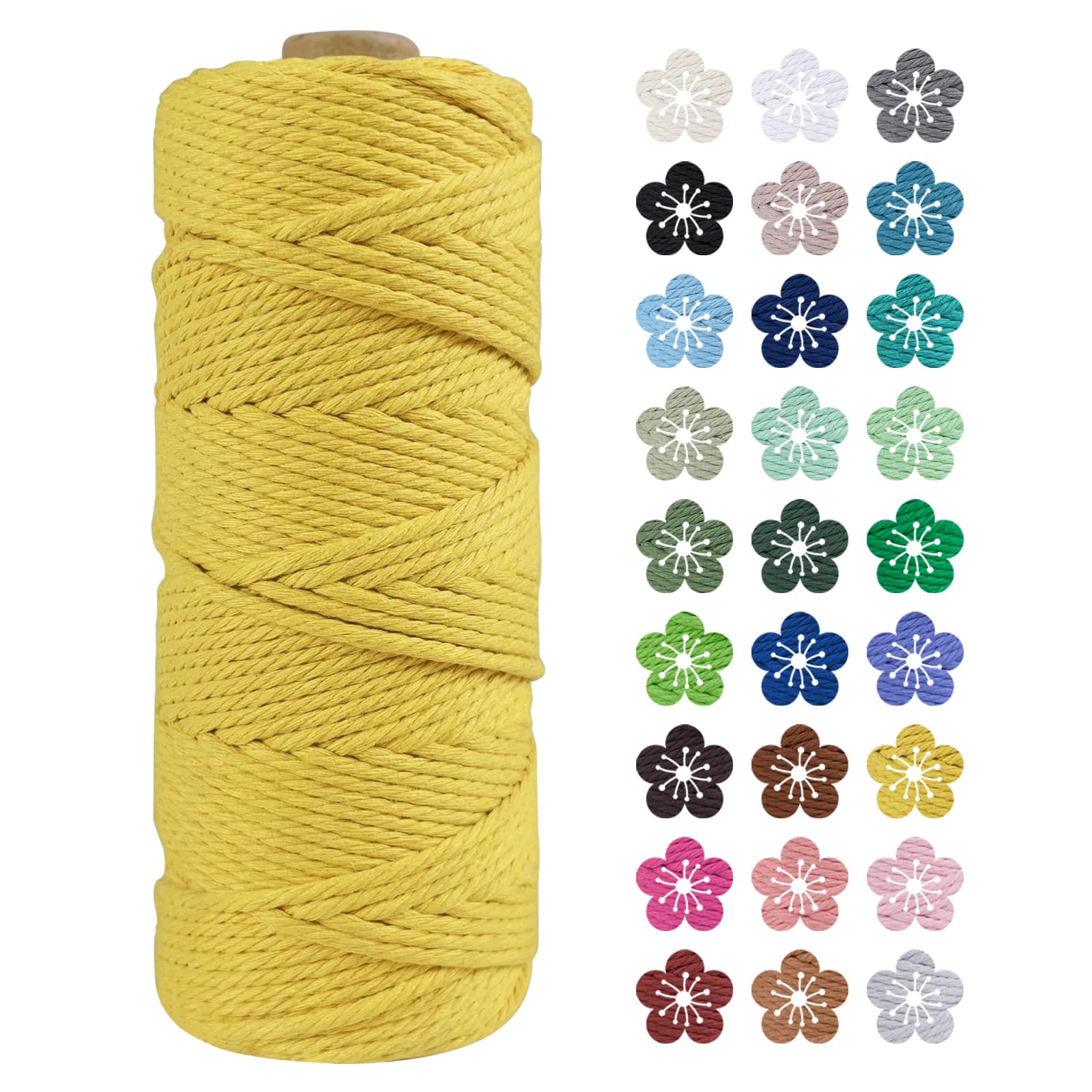 LEREATI Macrame Cord 2mm x 100m, Thick Macrame Rope Natural Cotton Rope Craft String, 3 Strand Twisted Cotton Cord Yarn for DIY Plant Hanger, Wall Hanging, Christmas Decoration (Lemon yellow)