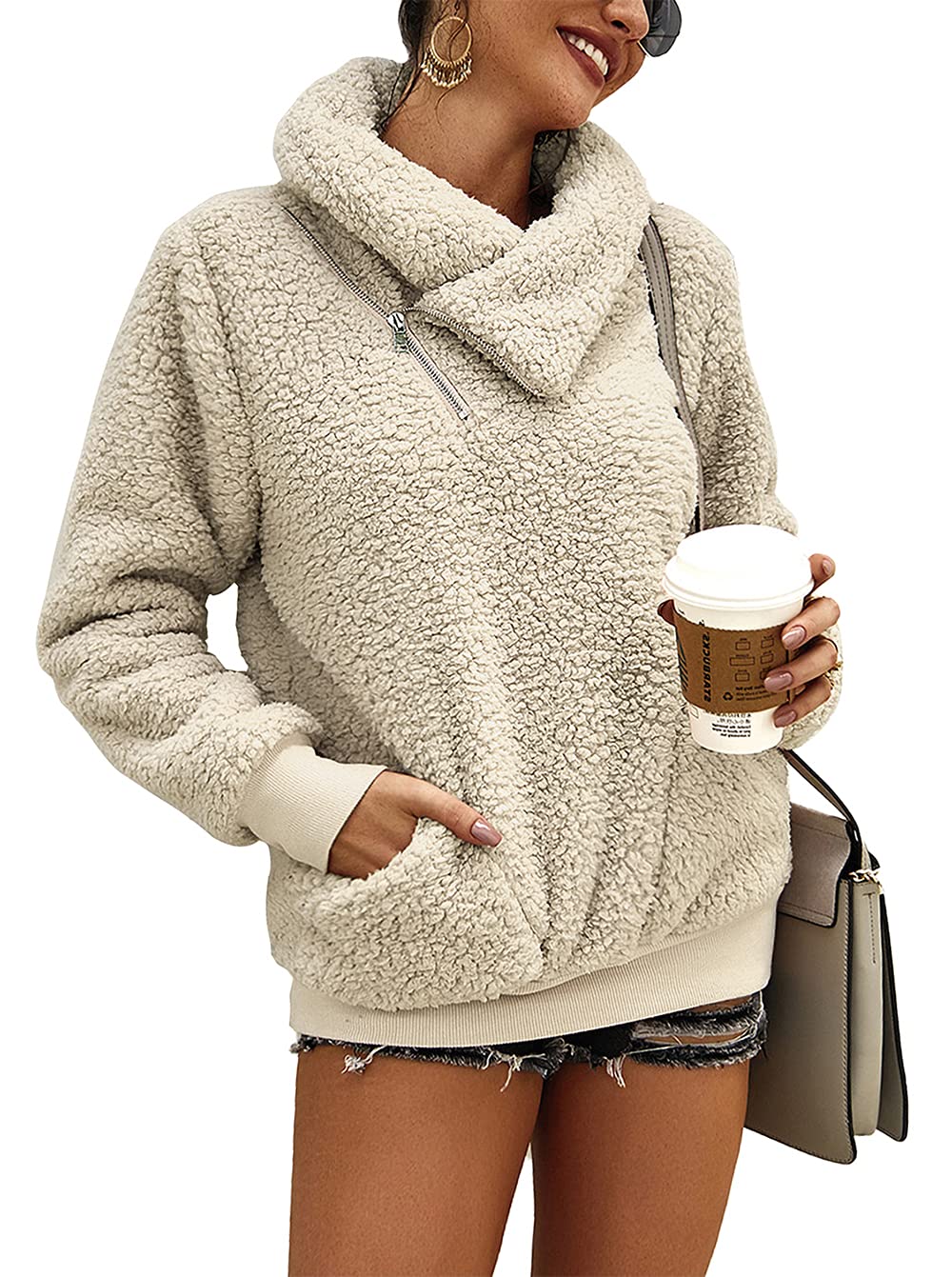 KIRUNDO Winter Clothing for Women Sherpa Pullover Fleece Zip Sweatshirt 2025 Fall Fashion Fuzzy Faux Shearling Warm Outwear(Small, Apricot)