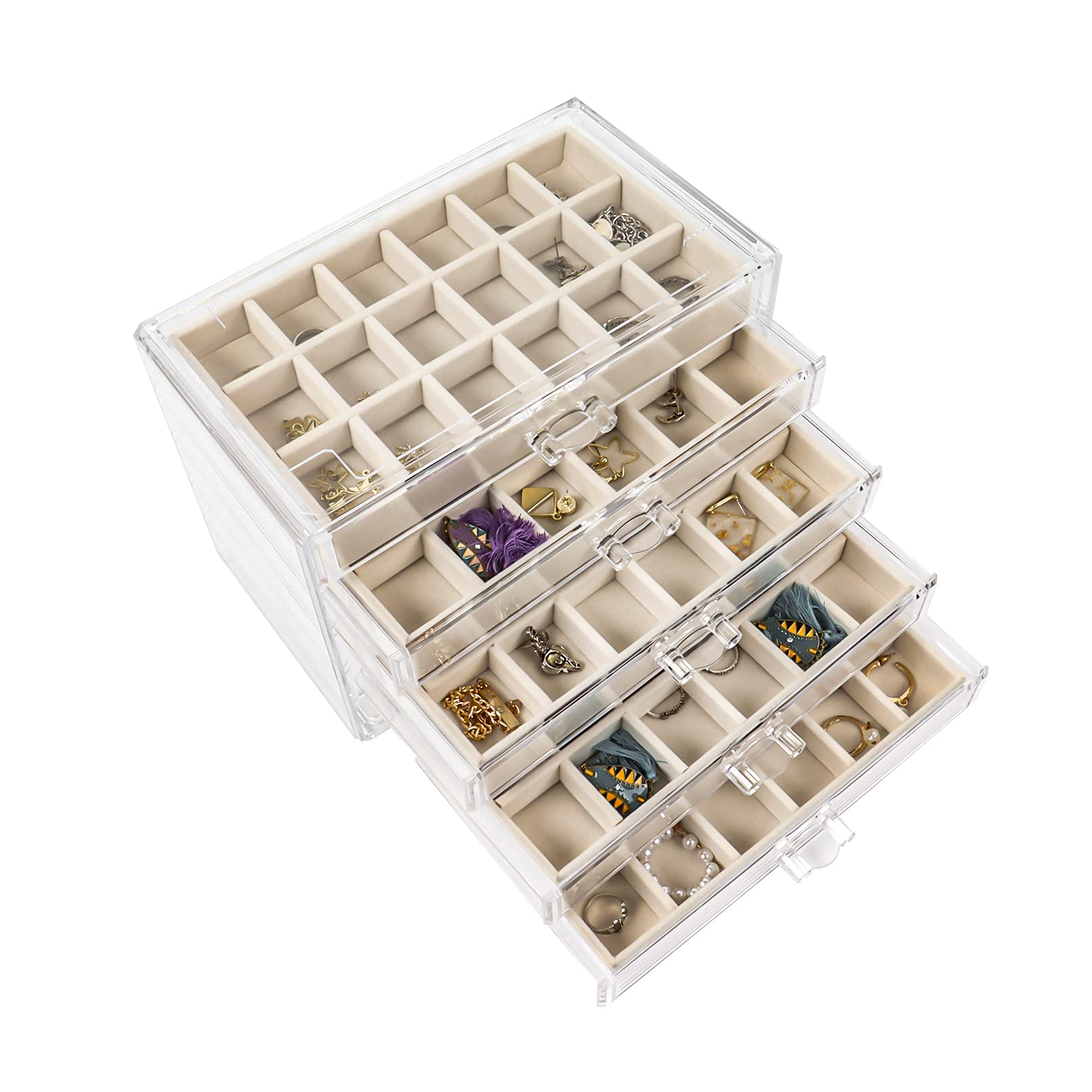 Nwvuop Acrylic Jewellery Box with 5 Drawers Adjustable Earring Storage Holder Clear Jewellery Storage Organiser for Rings Earrings Necklace Makeup Cosmetic Storage Box Beige