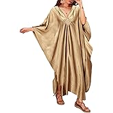Bsubseach Women Solid Color Cover Up V Neck Batwing Sleeve Plus Size Beach Kaftan Dresses