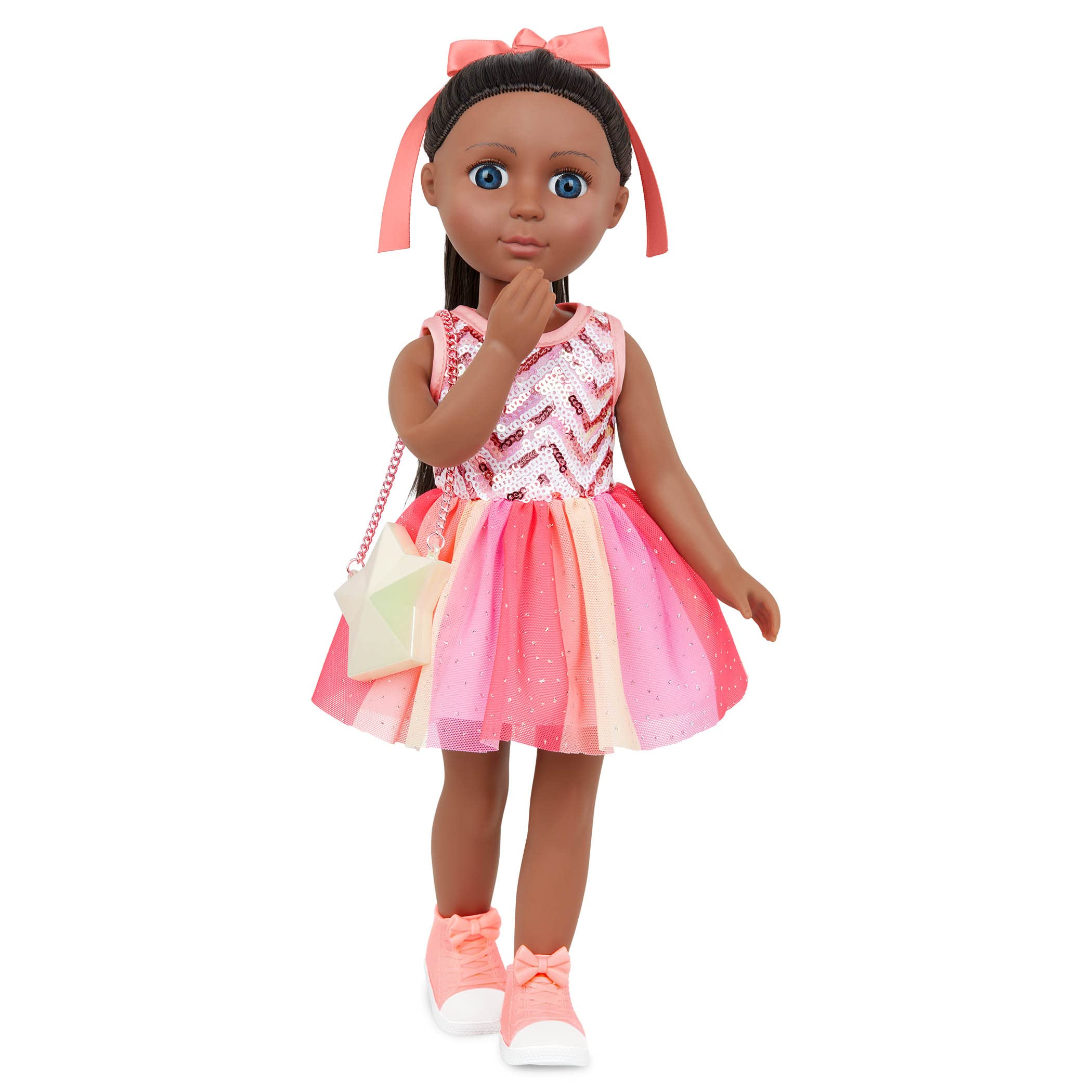 Glitter Girls – 14-Inch Doll Clothes – Sequined Party Dress – Pink High – Tops & Star Purse – Elastic Hair Bow – 3+ Years– Starlight Delight