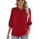 Rapbin Keyhole V Neck Puff 3/4 Length Sleeve Womens Tops Dressy Casual Chiffon Work Blouses Pleated T-Shirts Loose Fit S-XXL